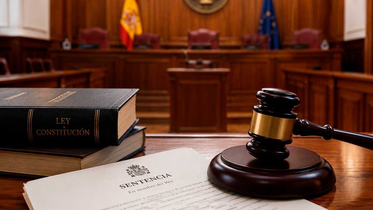 Sala de vistas de un tribunal con mazo judicial y sentencia sobre el despido de un trabajador por colaborar con una empresa competidora durante una baja médica