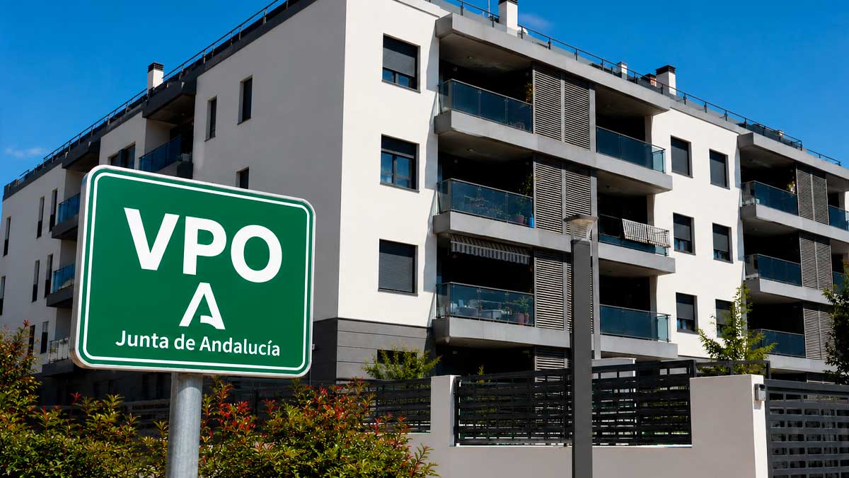 Bloque de viviendas protegidas VPO en Andalucía con cartel de la Junta de Andalucía