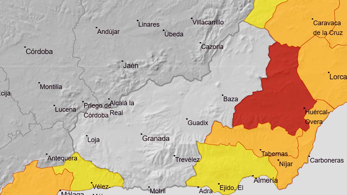 Mapa de aviso rojo por calor en Almería con máximas de hasta 44 grados