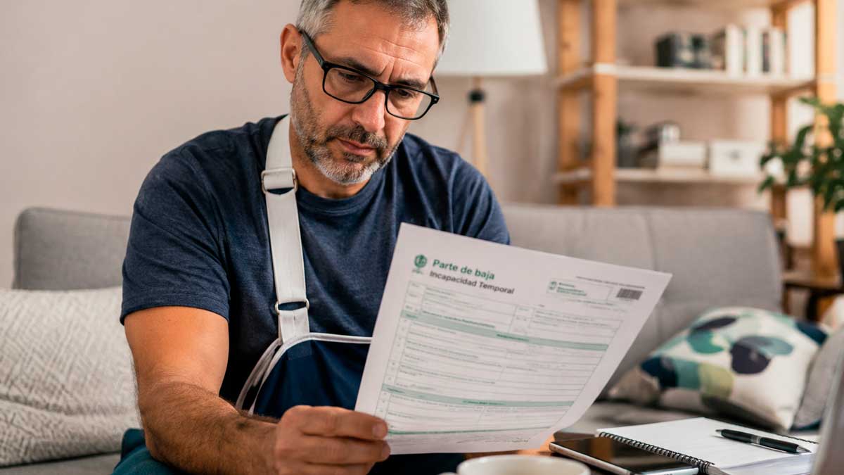 Hombre revisando parte de baja laboral en Andalucía en su casa