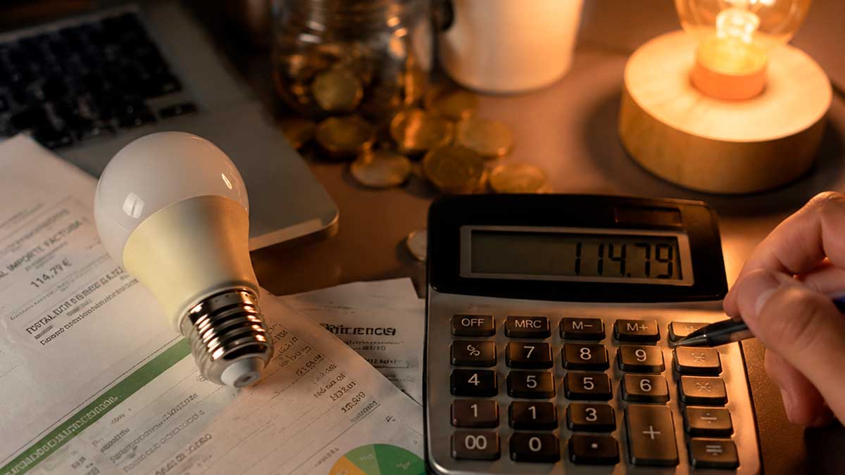 Facturas de la luz, una calculadora y una bombilla LED sobre una mesa para calcular el ahorro energético.