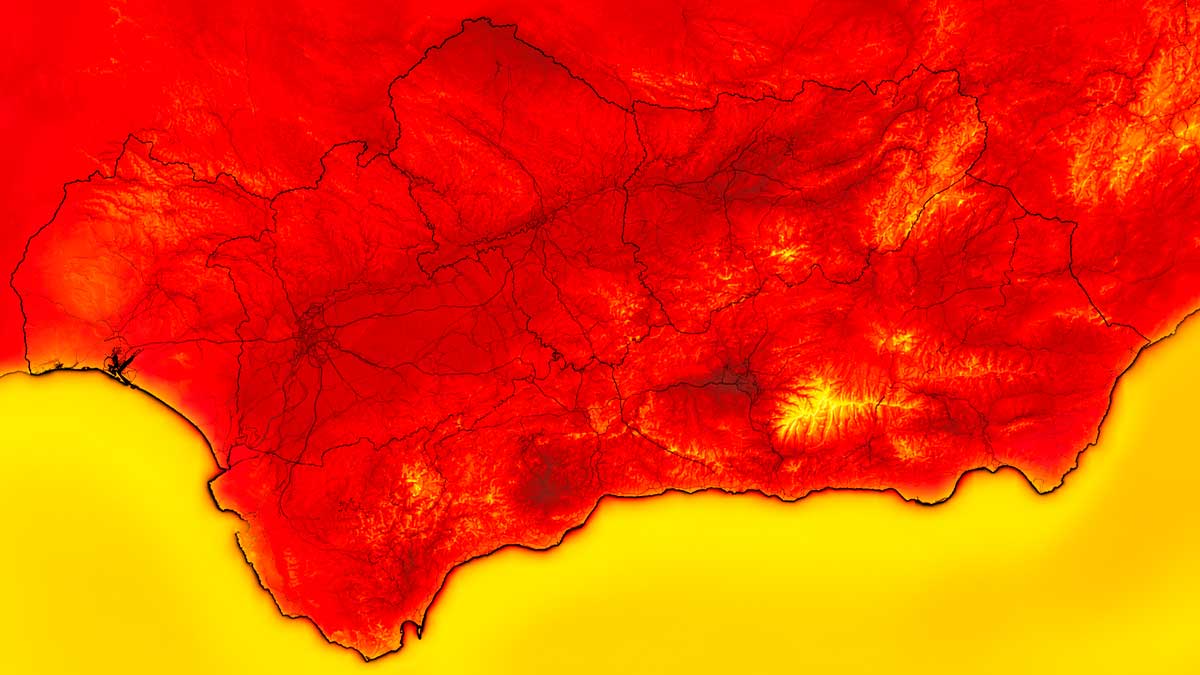 Mapa de Andalucía con zonas en rojo y amarillo por calor extremo y temperaturas de hasta 44 grados