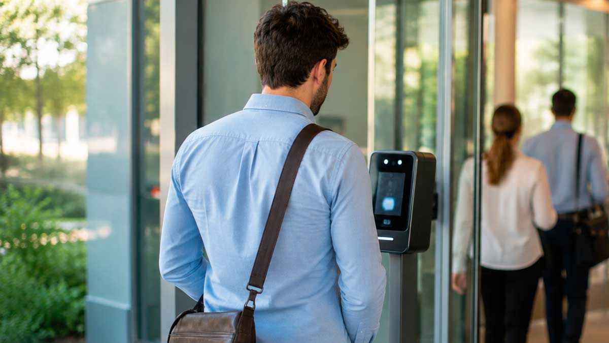 Empleado fichando en sistema biométrico en oficina, despido por no fichar