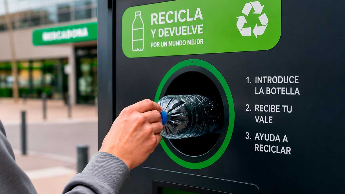 Persona reciclando botella de plástico en máquina de devolución de envases en Andalucía