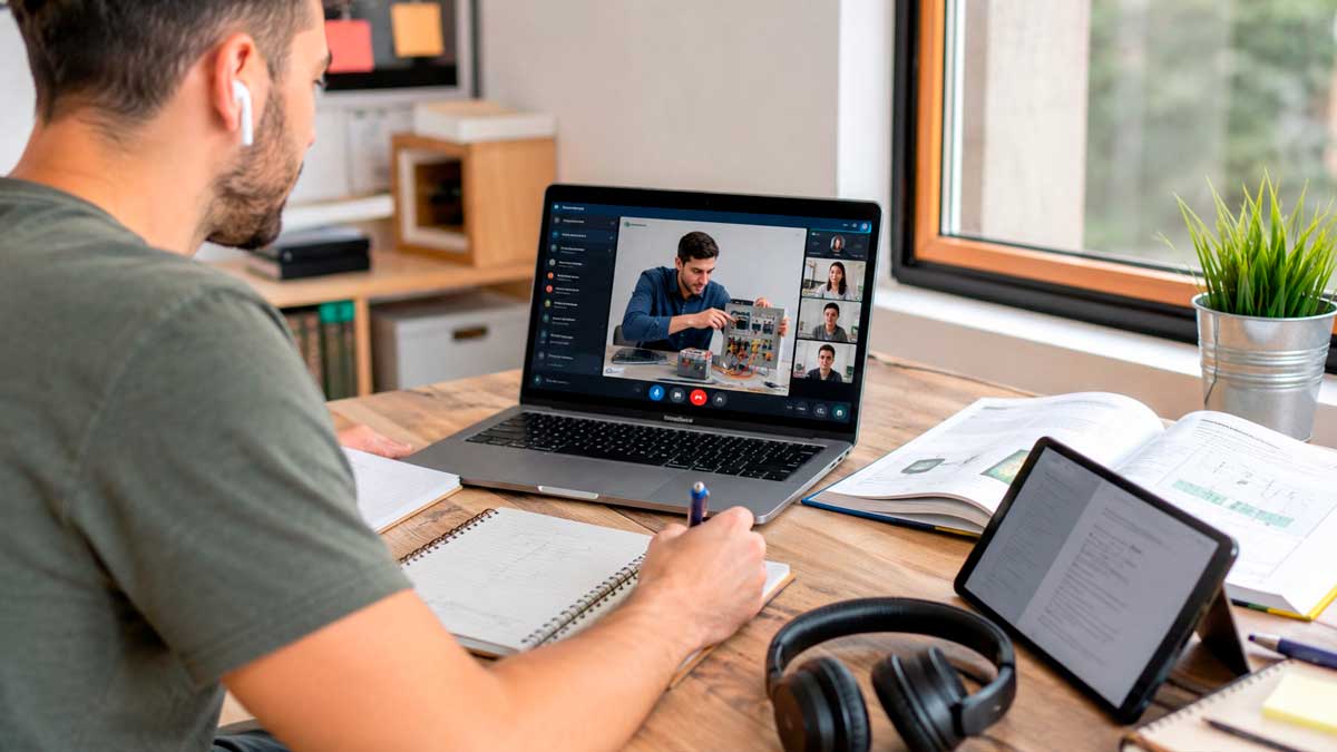 Estudiante en formación profesional online en Andalucía durante una videollamada.