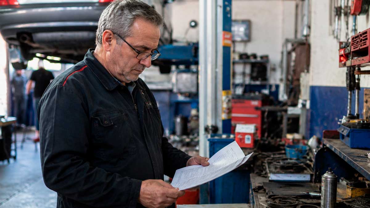 Mecánico revisando documentos sobre incapacidad permanente total en un taller