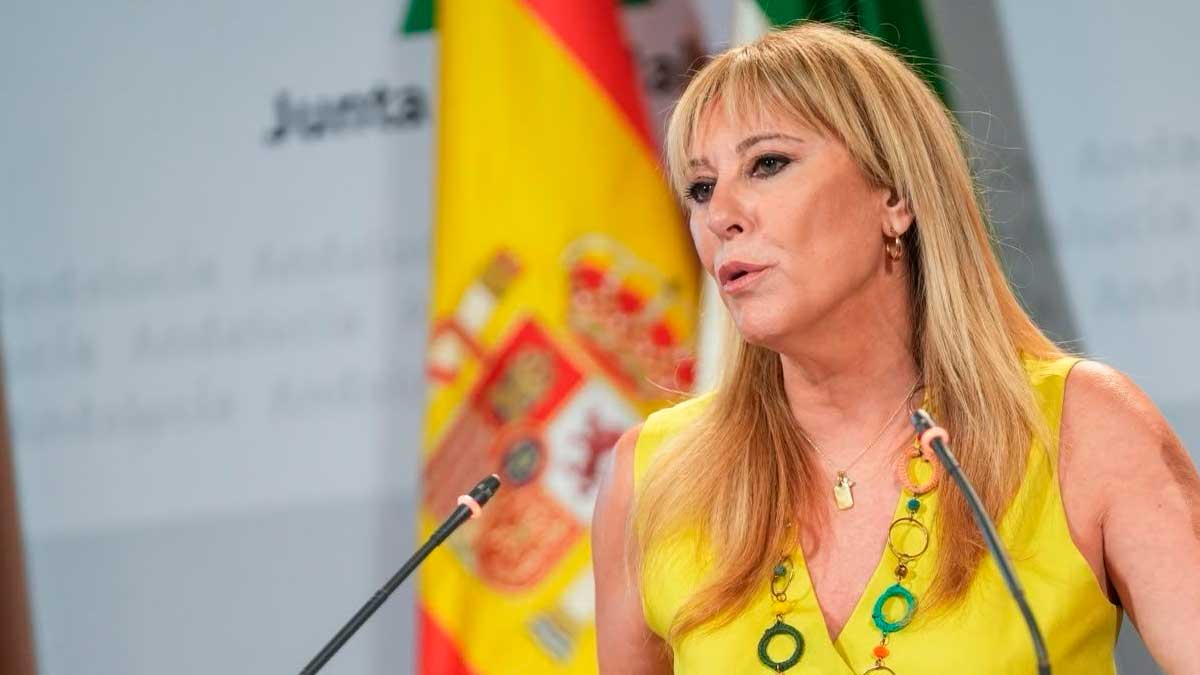 Portavoz en rueda de prensa sobre plazas de PTIS en Andalucía con bandera española de fondo