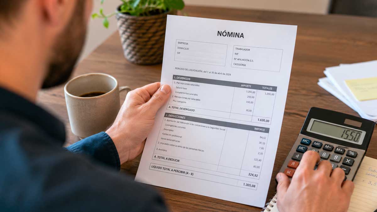 Trabajador revisando una nómina y utilizando una calculadora para comprobar el impacto de una subida salarial durante una baja laboral.