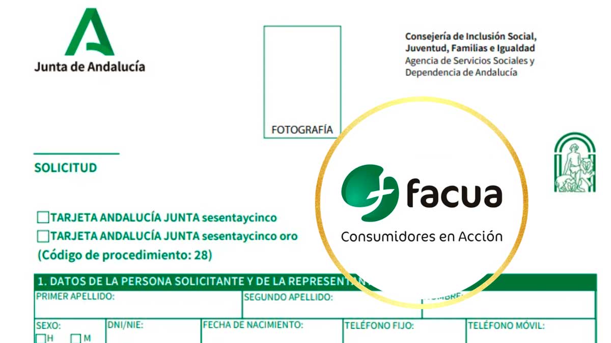 Solicitud Tarjeta Junta 65 y logo de FACUA en Andalucía