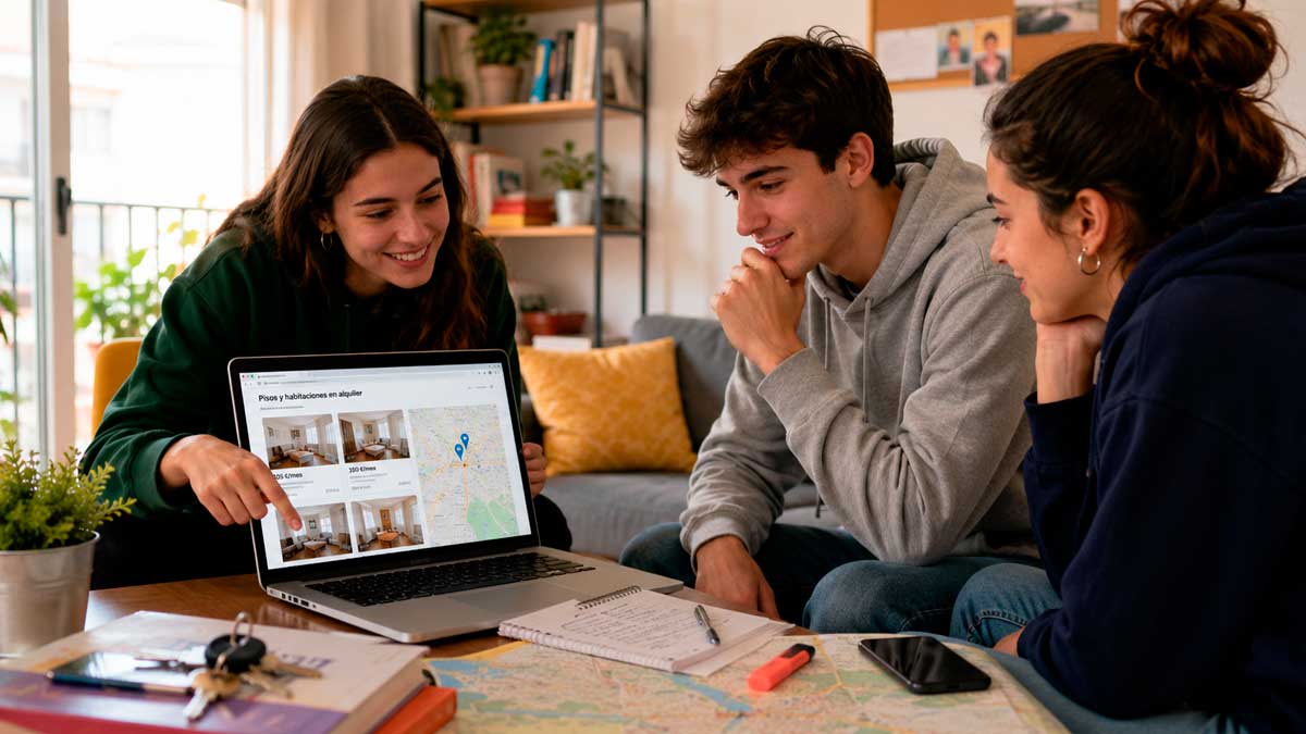 Estudiantes universitarios buscan habitaciones de alquiler en Andalucía antes del comienzo del nuevo curso.