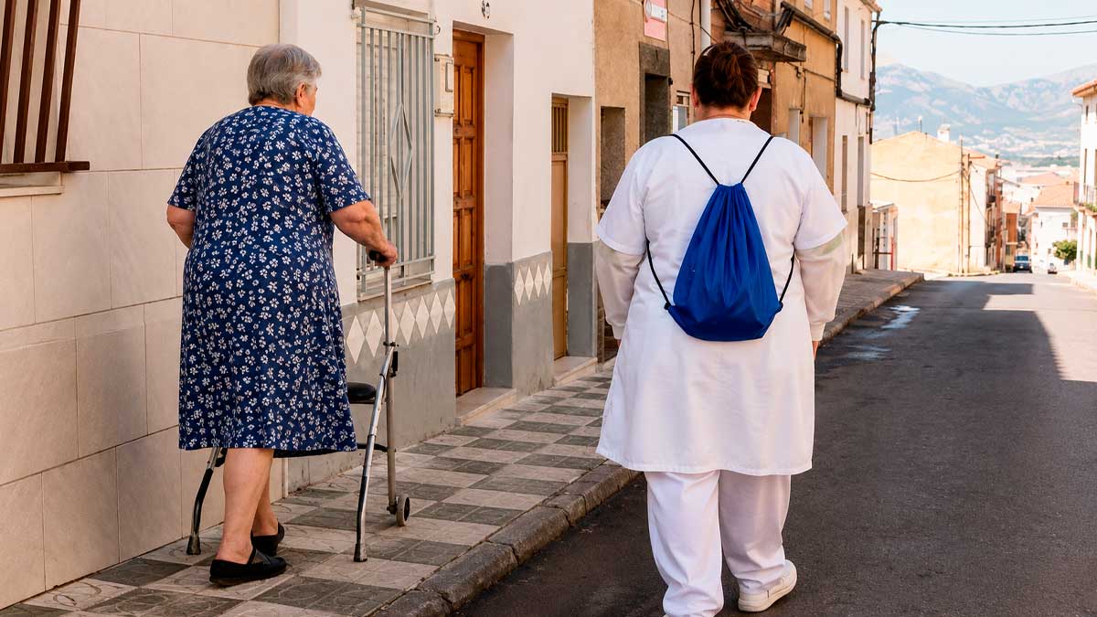 Ayuda a domicilio en Andalucía: cuidadora acompaña a persona mayor por la calle