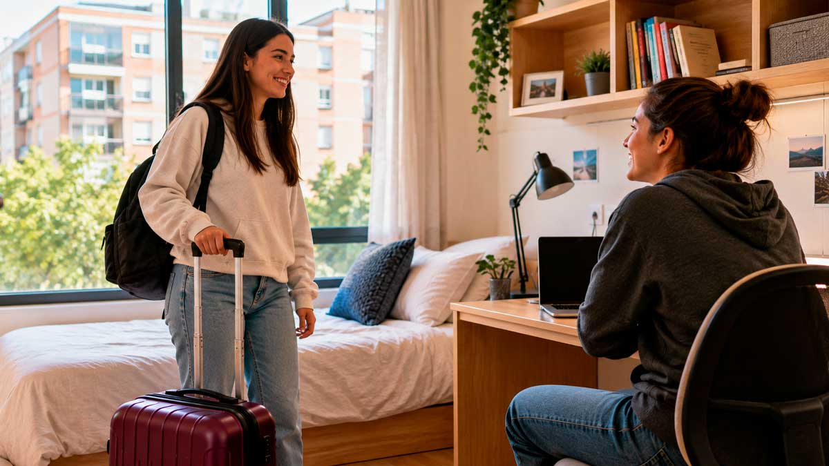 Estudiantes universitarios llegando a un alojamiento para cursar sus estudios en Sevilla.