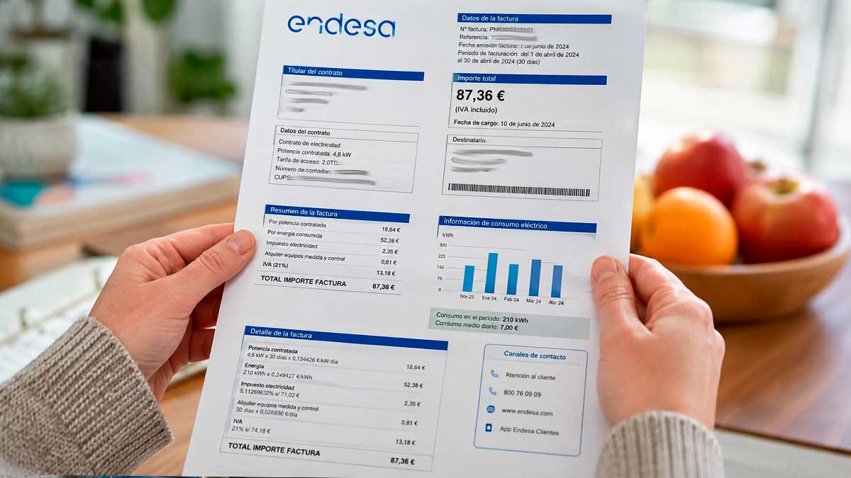 Factura de luz de Endesa relacionada con el bono social eléctrico en Andalucía