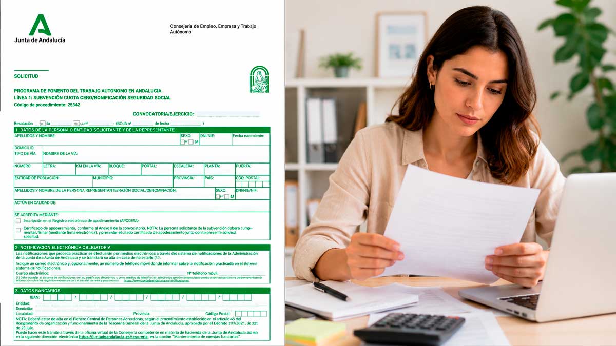 Formulario de cuota cero para autónomos en Andalucía y mujer revisando documentos