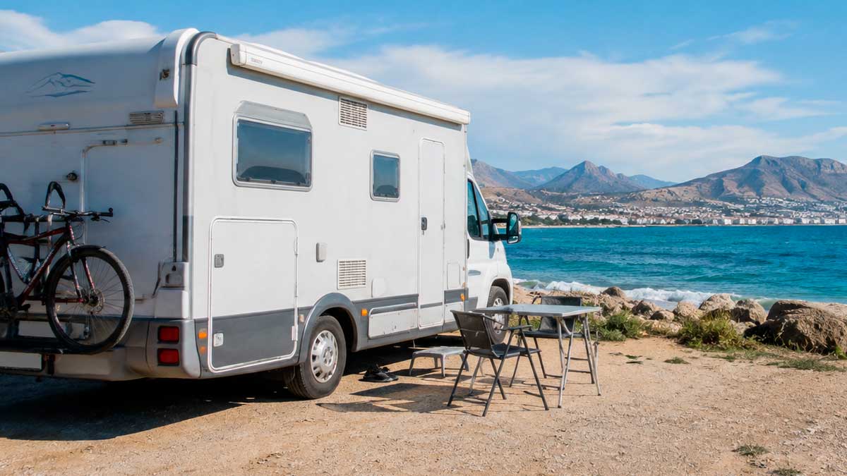 Autocaravana aparcada junto a la playa en Andalucía, normas DGT para pernoctar