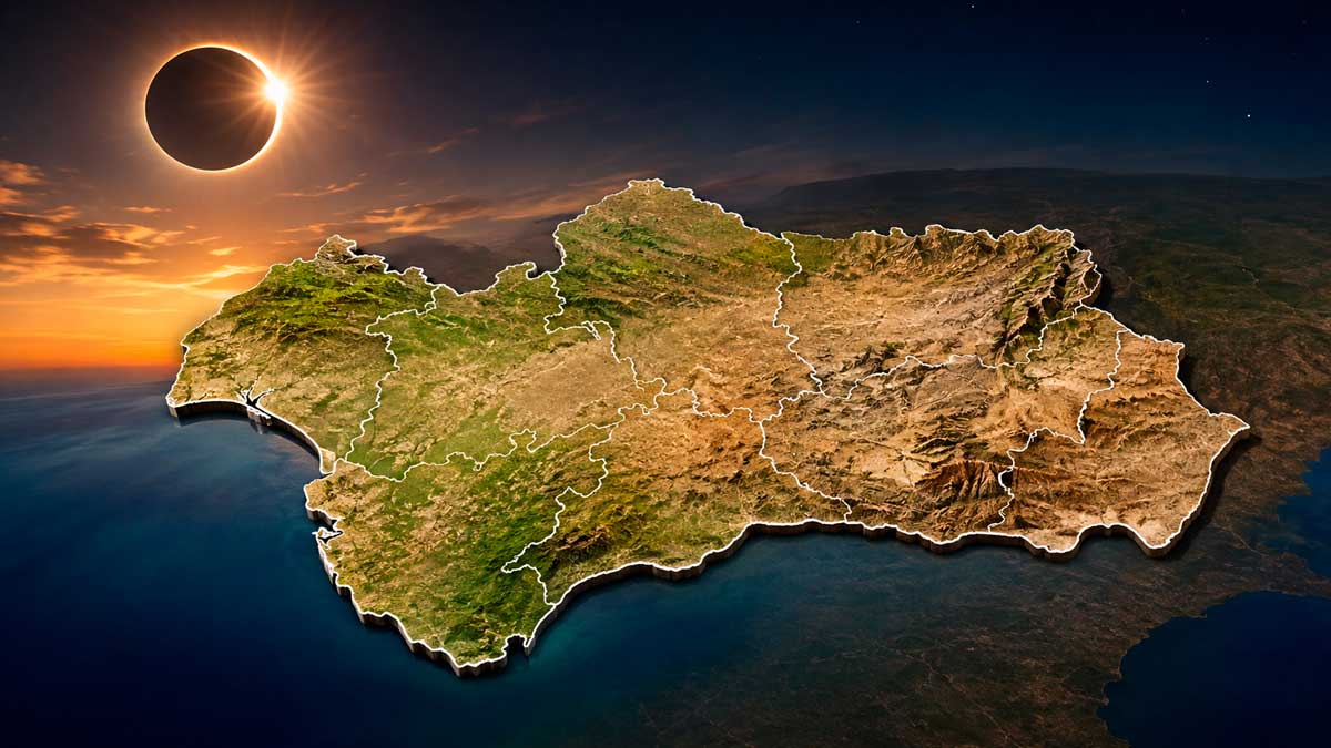 Mapa de Andalucía durante un eclipse solar del 12 de agosto