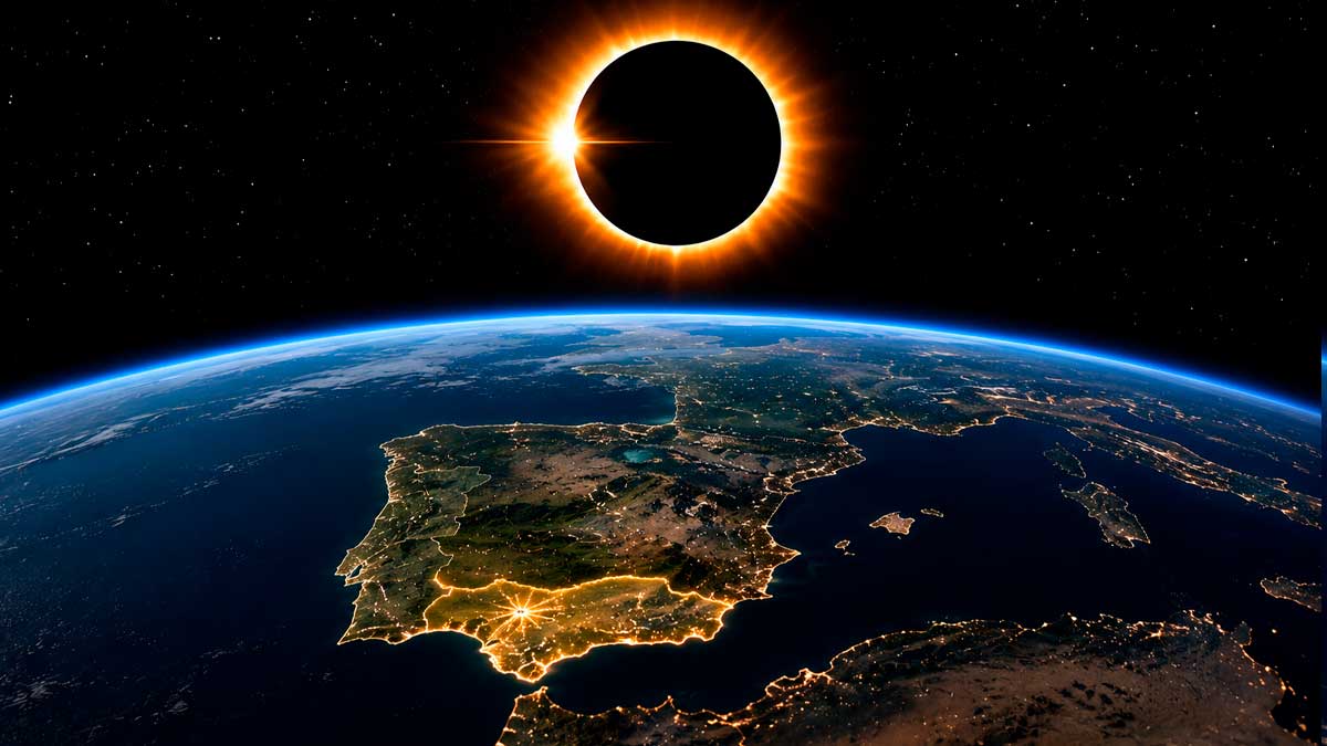 Eclipse solar de 2027 visto desde el espacio sobre Andalucía y la península ibérica