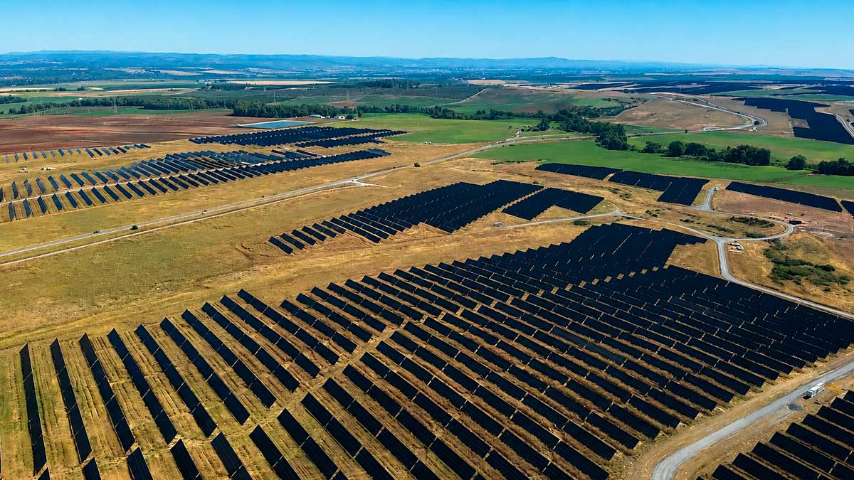 Planta fotovoltaica en Andalucía con filas de paneles solares