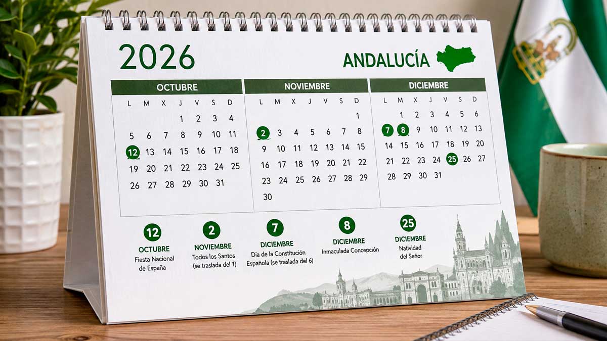 Calendario de 2026 con varios días festivos señalados en Andalucía