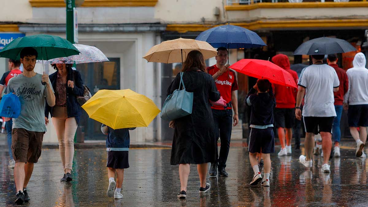 Personas caminando con paraguas durante una jornada de lluvia en Andalucía.