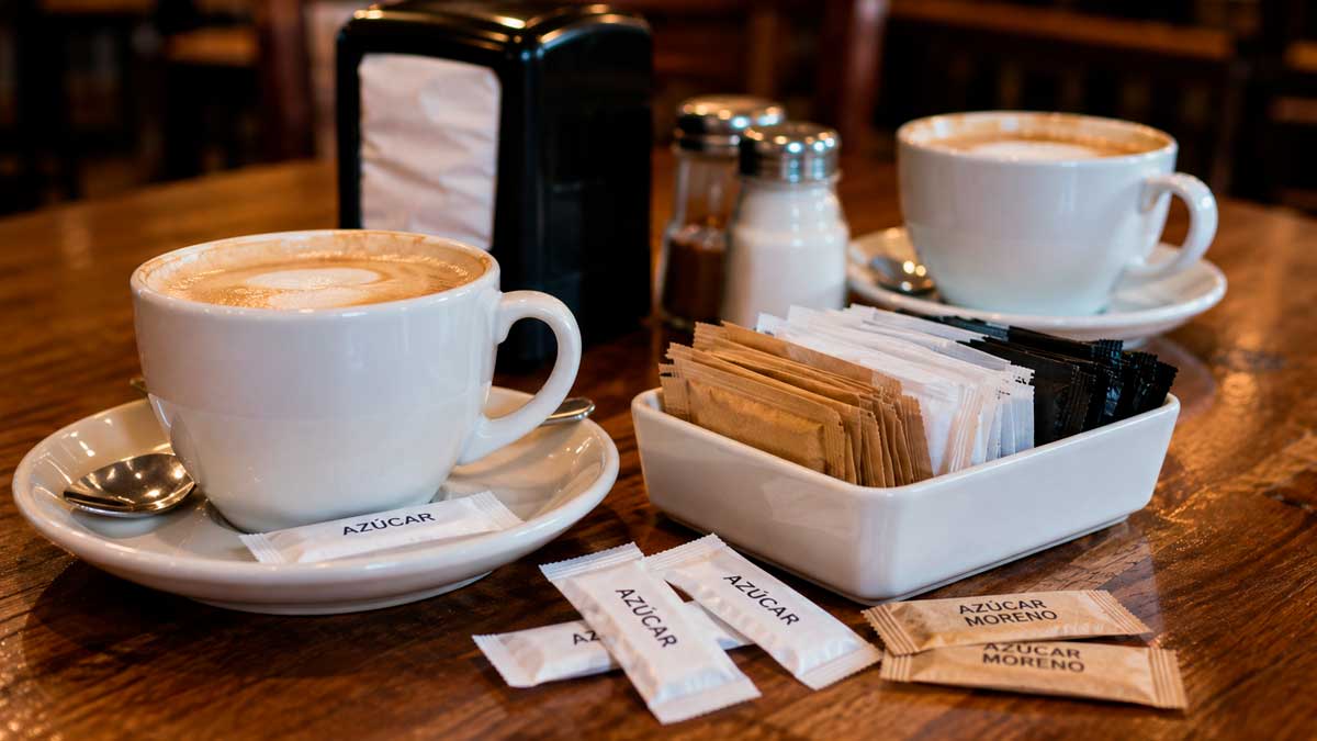 Café en hostelería con sobres de azúcar y nuevo reglamento de envases sobre la mesa