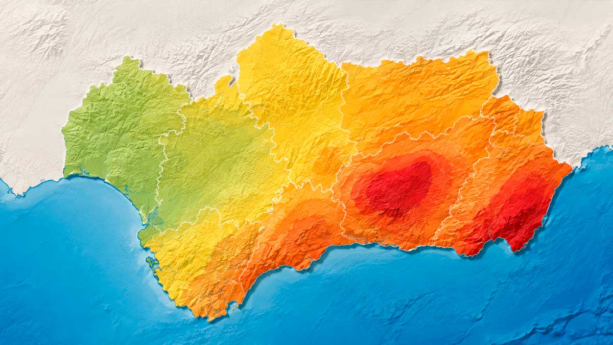Mapa del IGN de peligrosidad sísmica en Andalucía con Granada y Almería entre las zonas con valores más elevados.