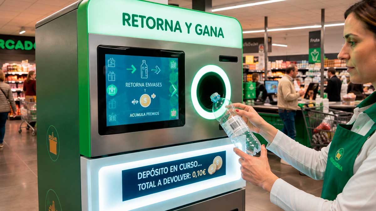 Máquina de retorno de envases en Mercadona para devolución de fianza