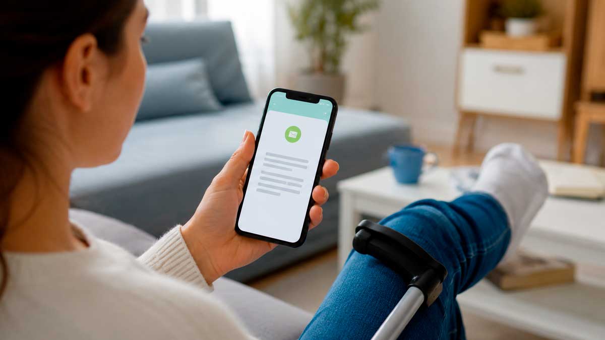 Persona consulta en el móvil una notificación electrónica de la Seguridad Social relacionada con una baja médica.