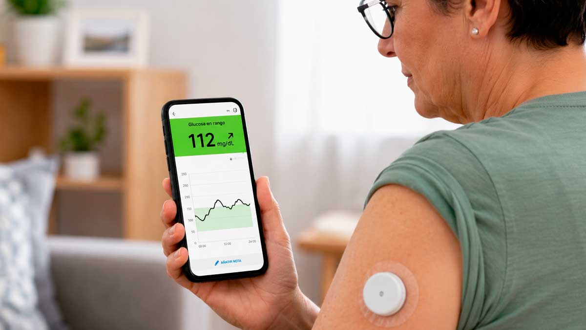Persona con diabetes tipo 2 consulta en el móvil los datos de un sensor de glucosa colocado en el brazo.