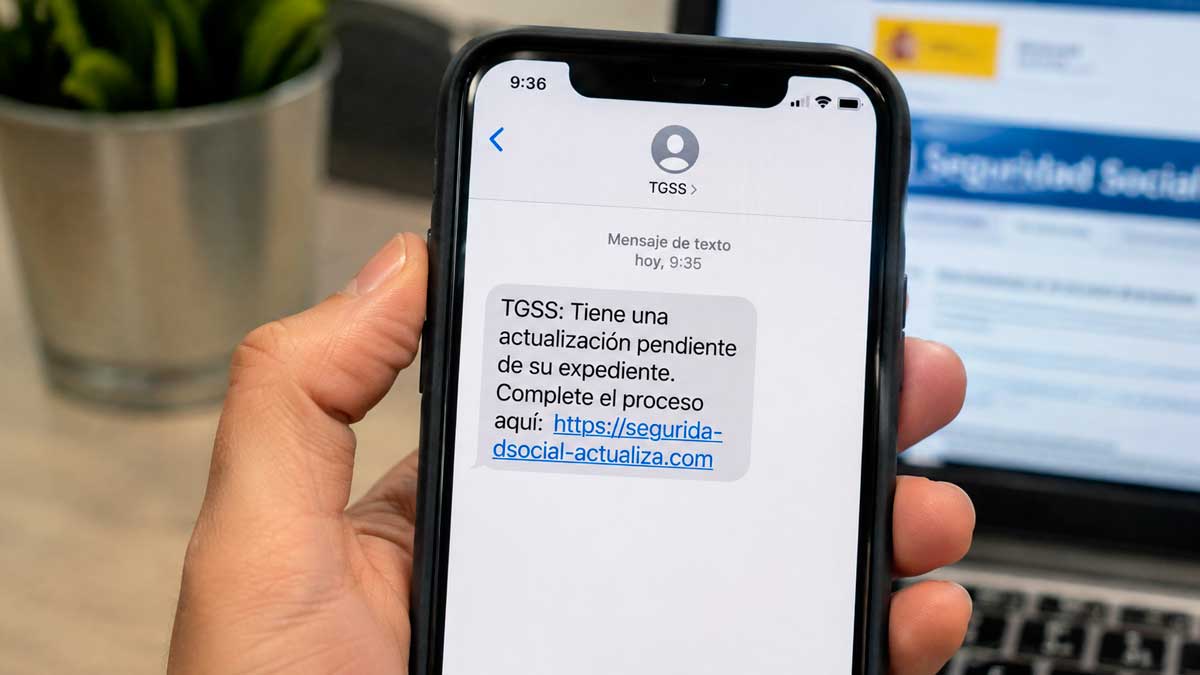 SMS fraudulento que suplanta a la Seguridad Social y enlaza a una web falsa para solicitar datos bancarios.