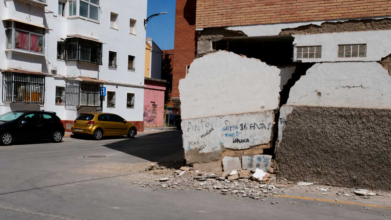 Daños en edificio tras terremoto en Granada, con escombros en la acera
