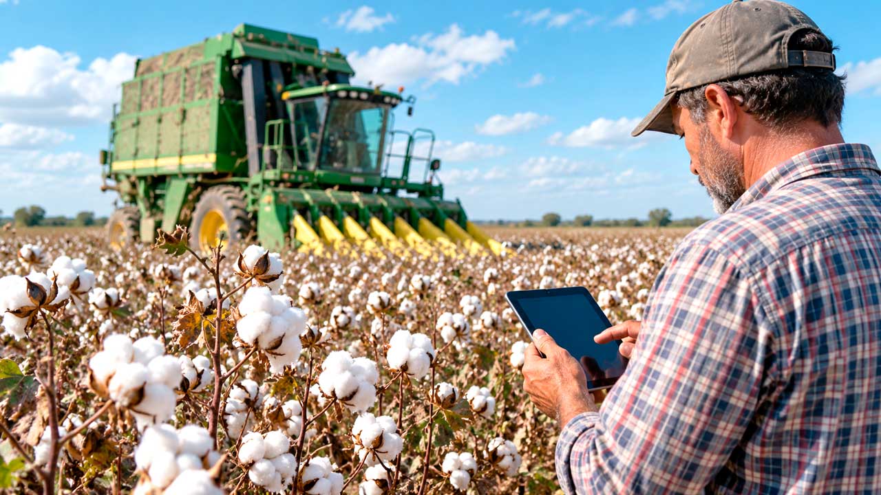 Agricultor revisando la PAC 2026 en una plantación de algodón en Andalucía
