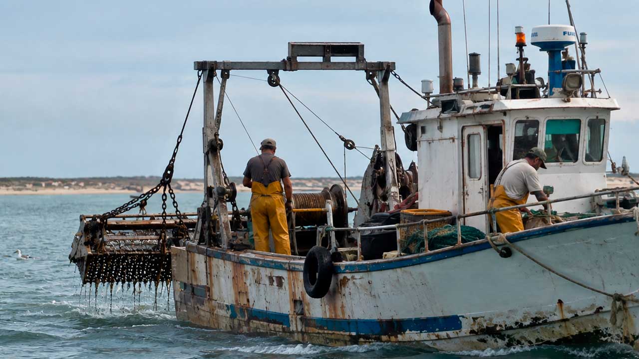 Barco dedicado a la pesca de chirla con draga hidráulica en el Golfo de Cádiz