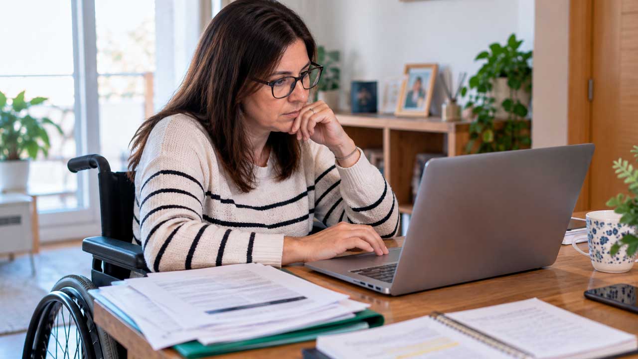 Mujer con discapacidad revisando en un portátil su solicitud de ayudas en Andalucía