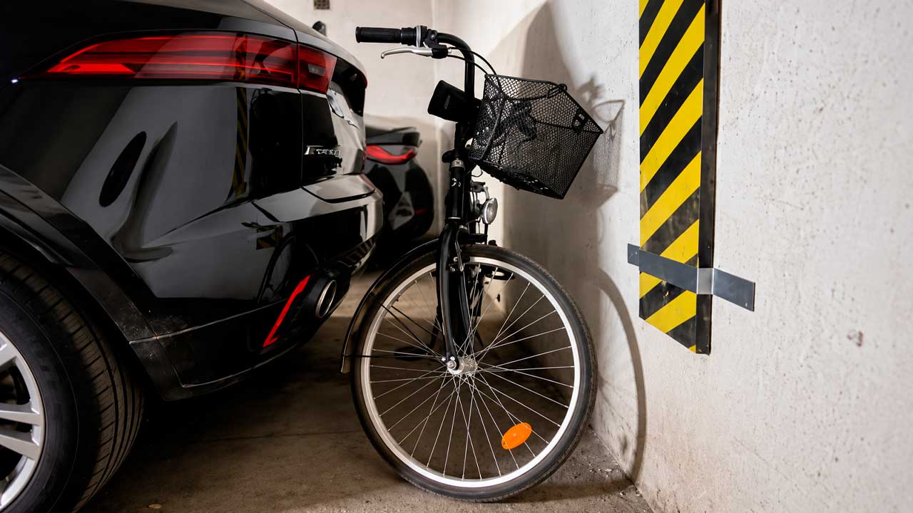 Bicicleta guardada junto a un coche en una plaza de garaje comunitario