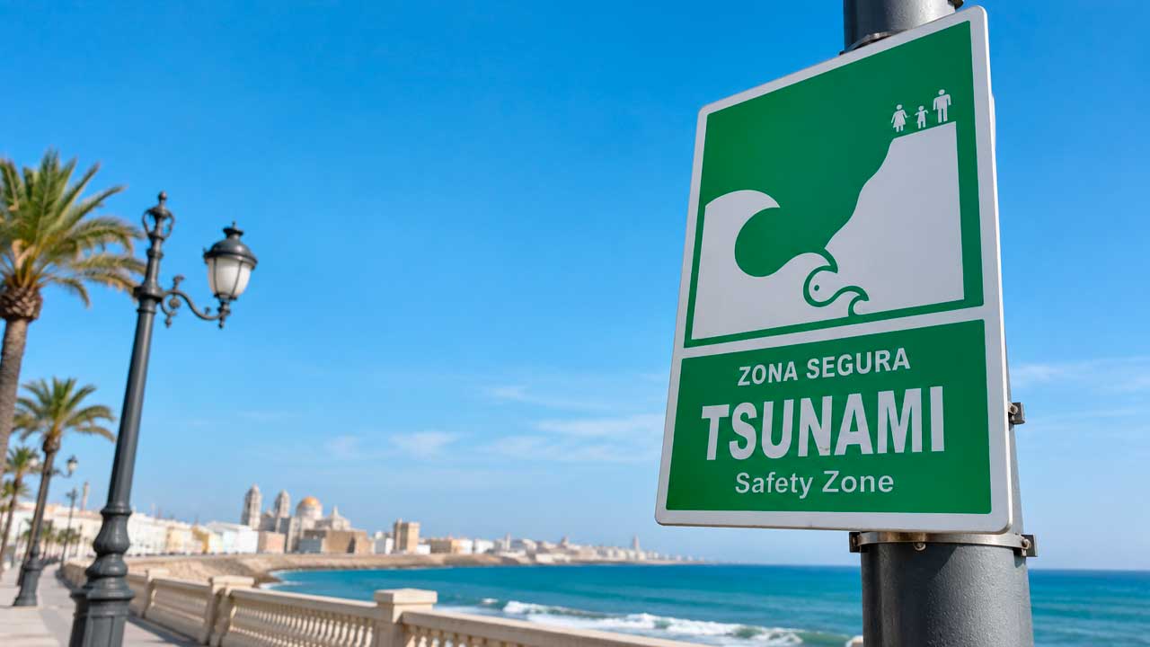 Señal de zona segura ante tsunami en Cádiz junto al paseo marítimo