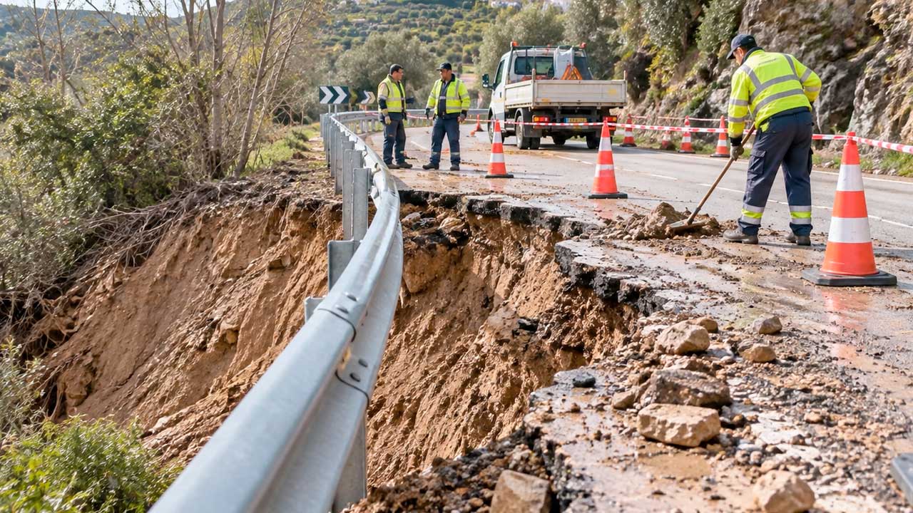 Trabajadores reparan una carretera dañada por los temporales en Jaén