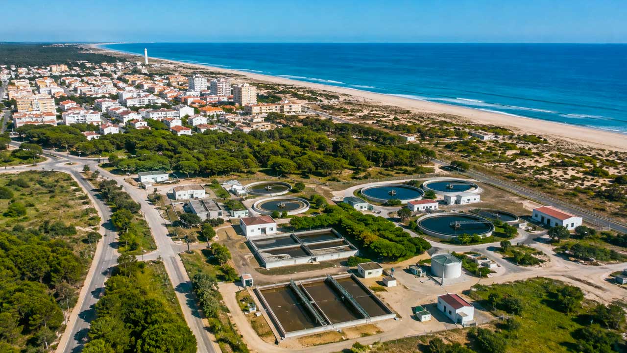 Vista aérea de Matalascañas con una depuradora próxima al litoral