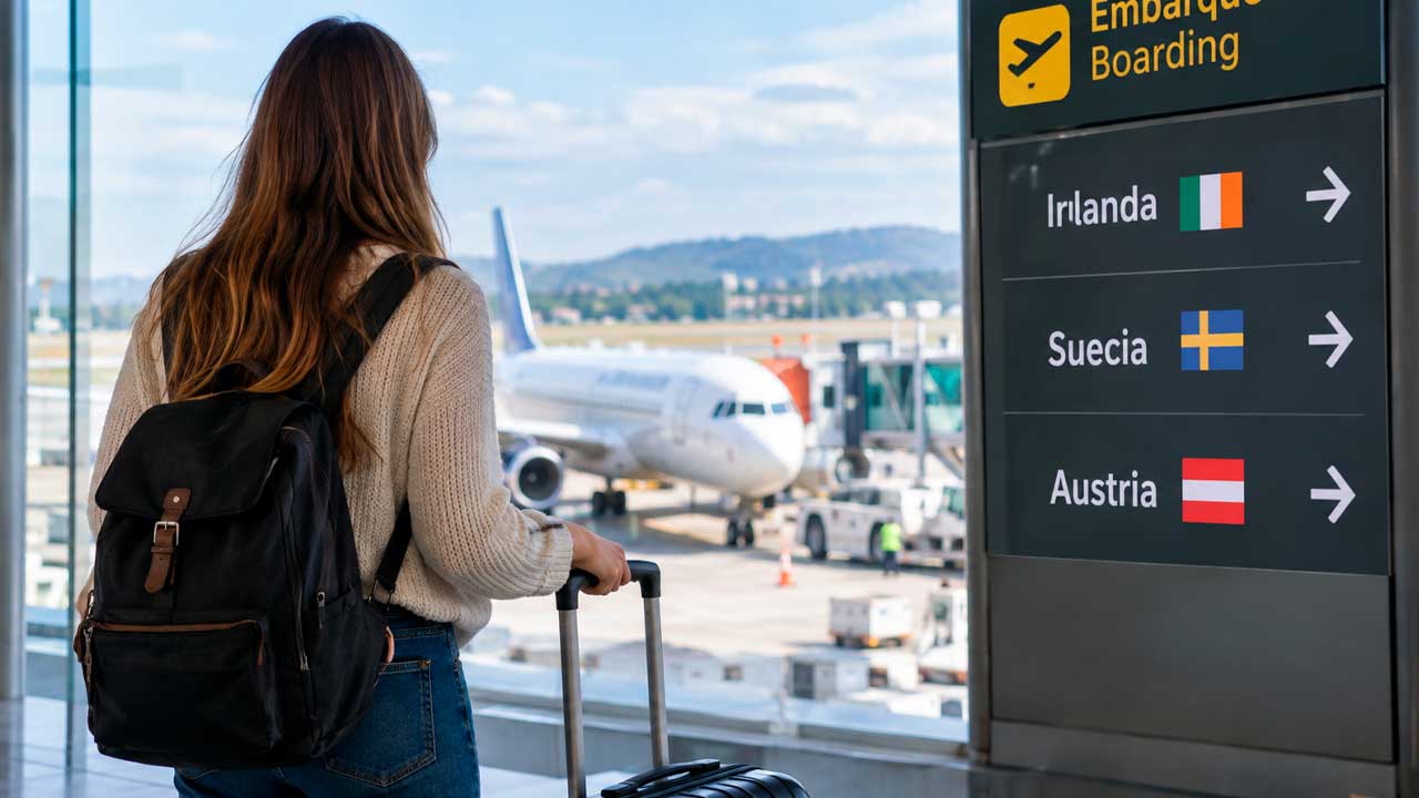 Joven con maleta en un aeropuerto para trabajar en Irlanda, Suecia o Austria