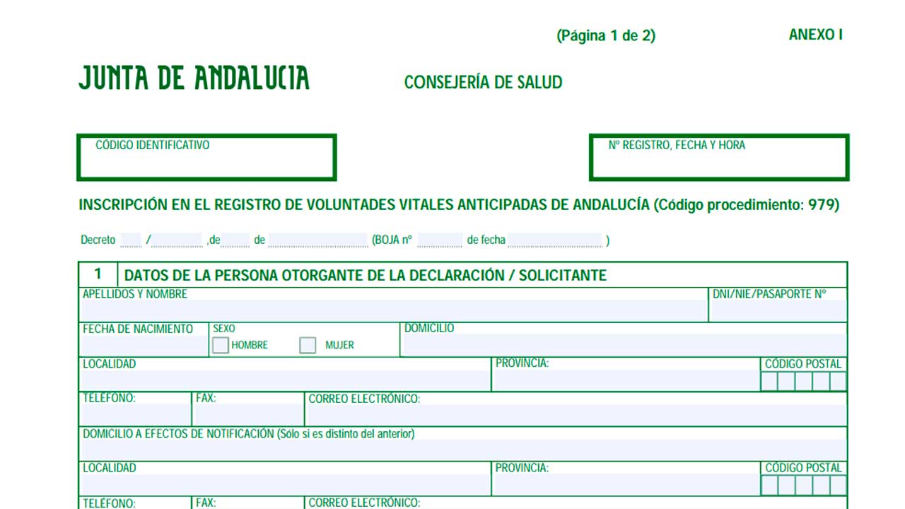 Formulario para registrar el testamento vital en Andalucía