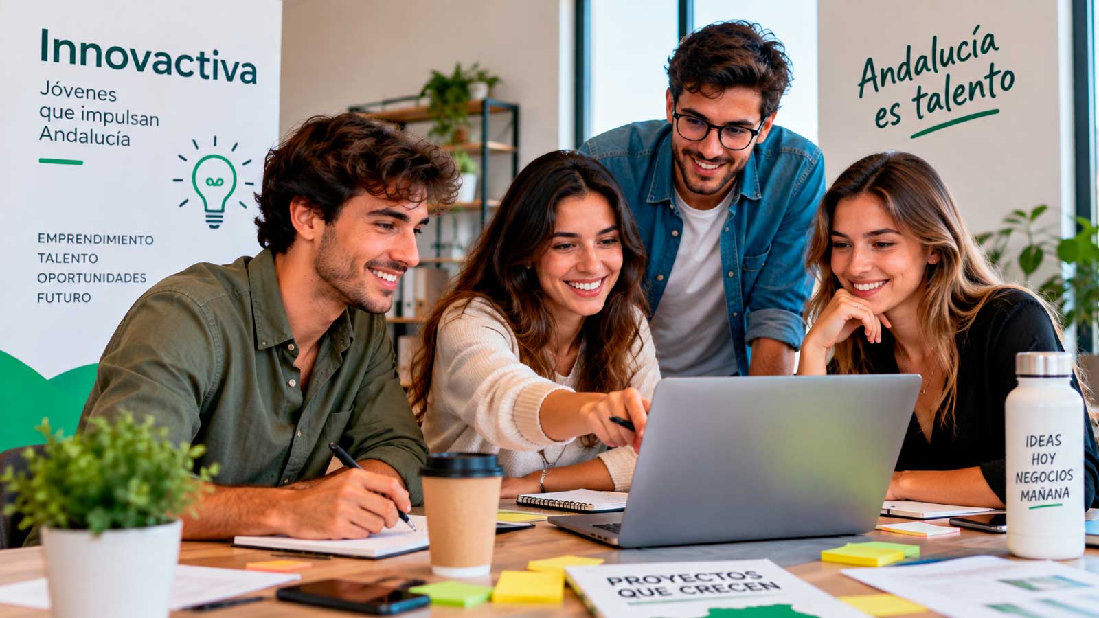 Jóvenes emprendedores trabajando en un proyecto empresarial para Innovactiva 2026 en Andalucía