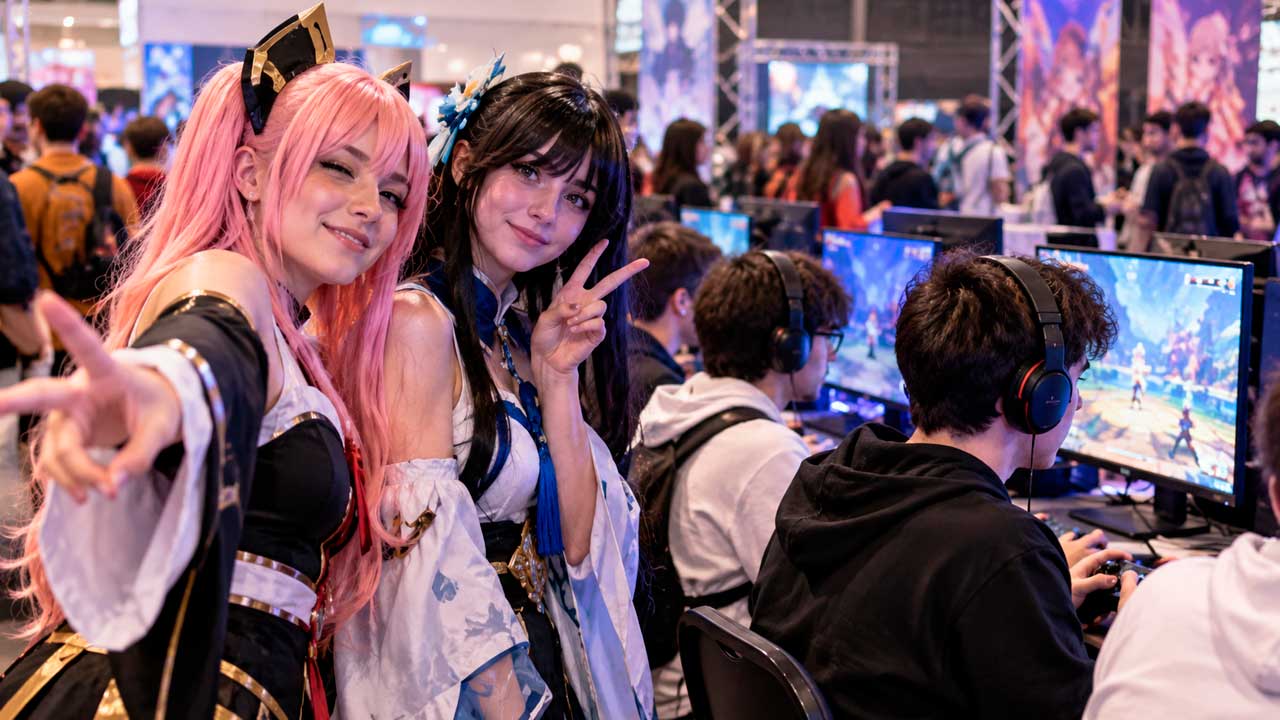 Jóvenes con cosplay y videojuegos durante un evento de manga