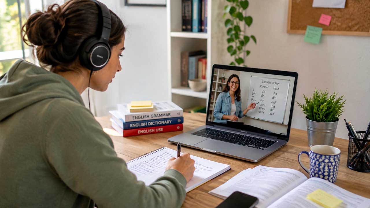 Alumna estudiando idiomas a distancia desde casa con un ordenador