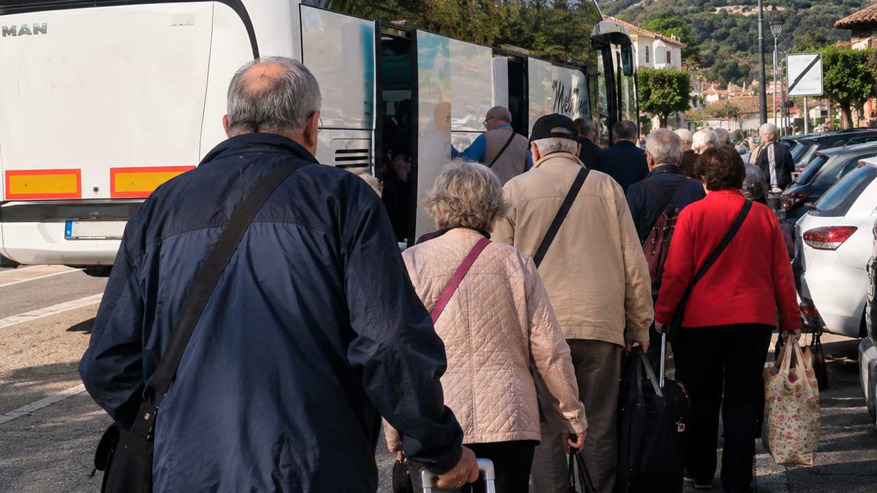 Personas mayores de Jaén preparándose para viajar en autobús