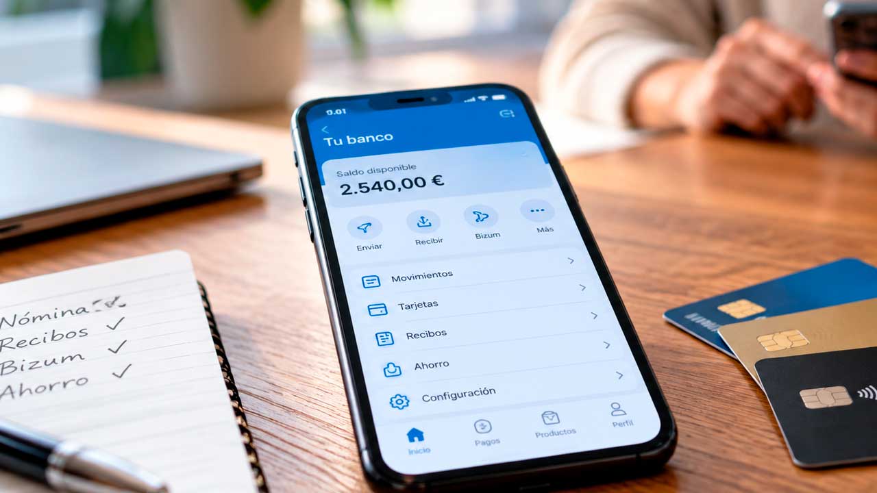 Móvil con una aplicación bancaria junto a varias tarjetas sobre una mesa