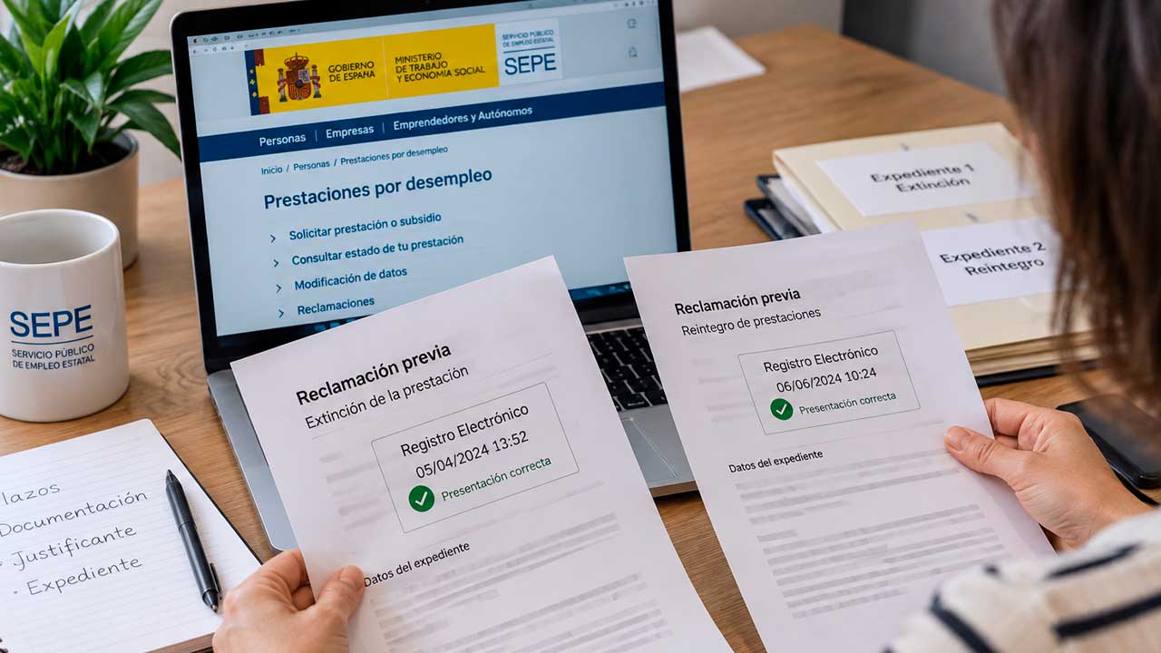 Persona revisando documentación de una reclamación al SEPE junto a un ordenador