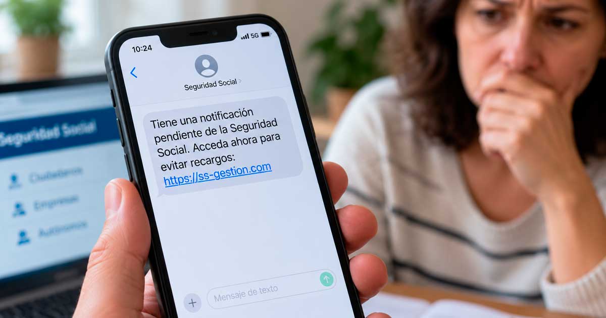Mujer preocupada ante un SMS falso que suplanta a la Seguridad Social