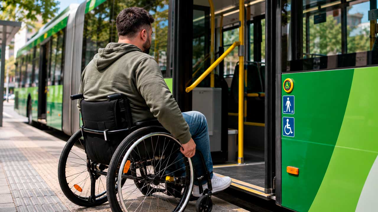 Persona con discapacidad en silla de ruedas accediendo a un autobús en Andalucía