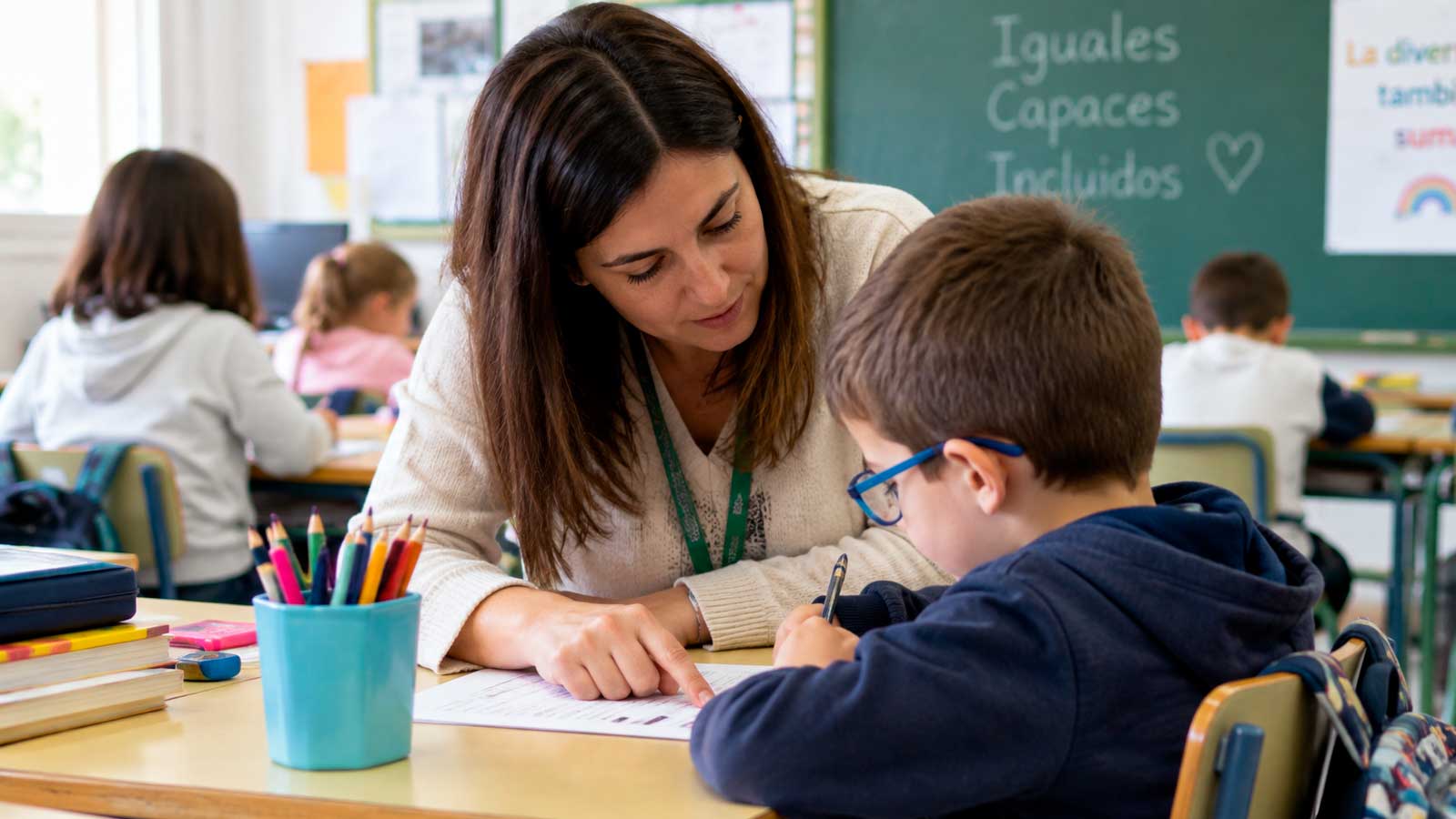 Profesional de apoyo educativo atendiendo a un alumno con necesidades educativas especiales en un colegio de Andalucía