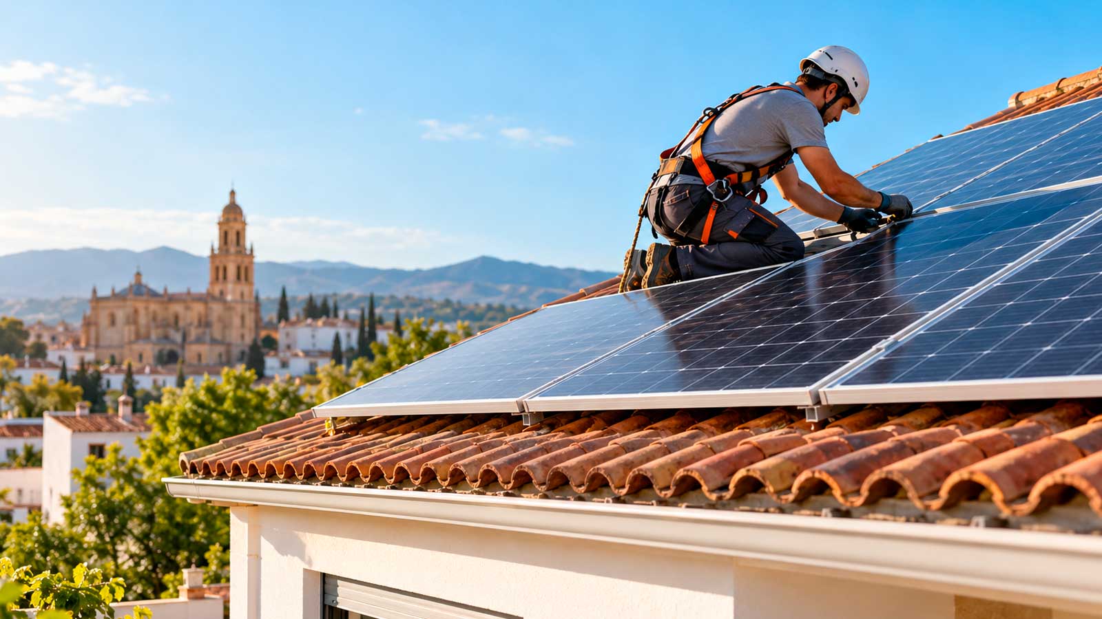Instalador colocando placas solares en el tejado de una vivienda en Andalucía para mejorar su eficiencia energética.